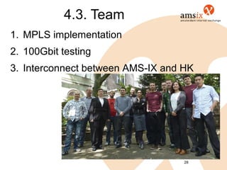 4.3. Team
1. MPLS implementation
2. 100Gbit testing
3. Interconnect between AMS-IX and HK




                                   28
 