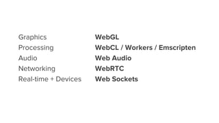 Graphics WebGL
Processing WebCL / Workers / Emscripten
Audio Web Audio
Networking WebRTC
Real-time + Devices Web Sockets
 