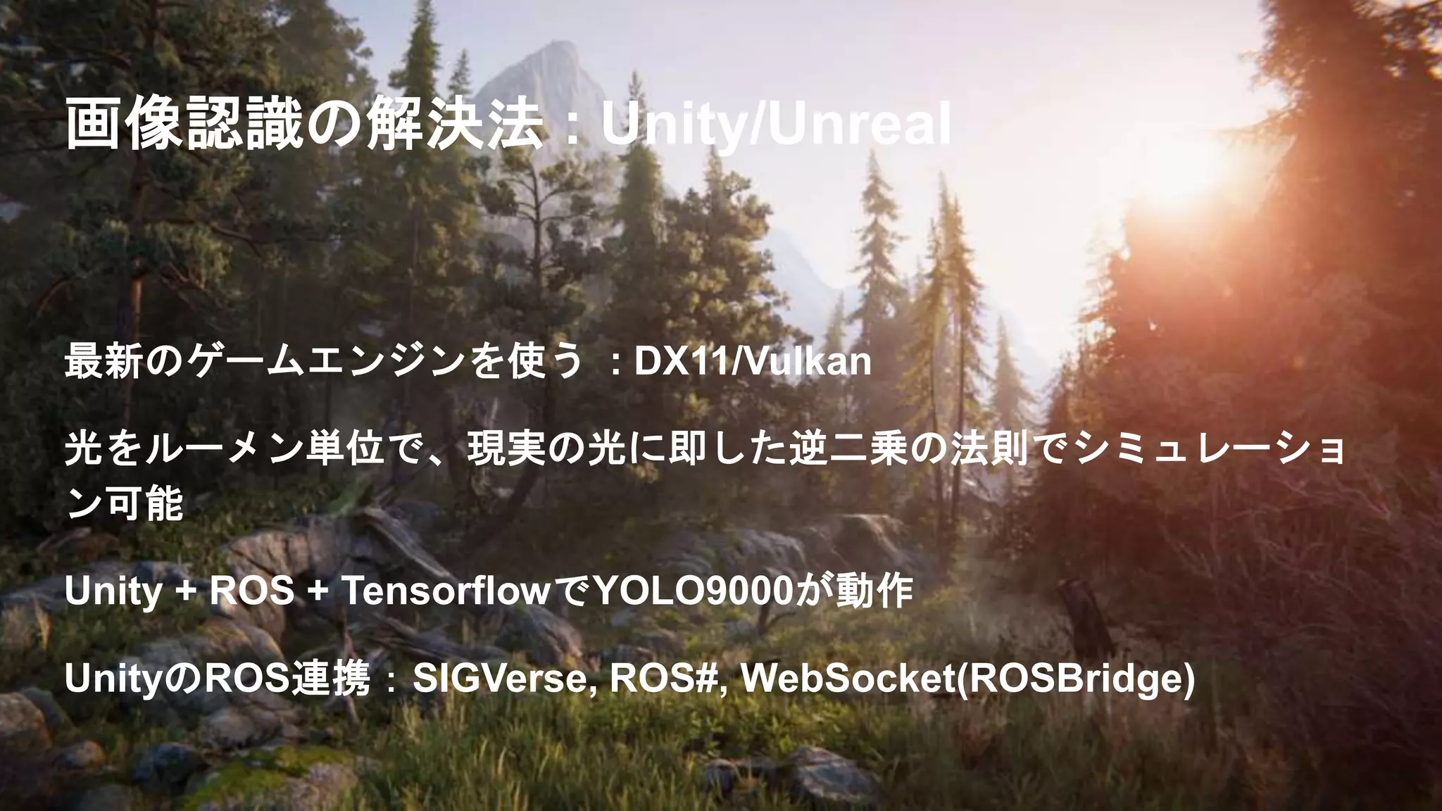 画像認識の解決法 : Unity/Unreal
最新のゲームエンジンを使う : DX11/Vulkan
光をルーメン単位で、現実の光に即した逆二乗の法則でシミュレーショ
ン可能
Unity + ROS + TensorflowでYOLO9000が動作
UnityのROS連携：SIGVerse, ROS#, WebSocket(ROSBridge)
 