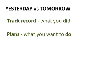 YESTERDAY vs TOMORROW Track record  - what you  did Plans  - what you want to  do 