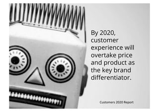 By 2020,
customer
experience will
overtake price
and product as
the key brand
diﬀerentiator.
Customers!2020!Report!
 