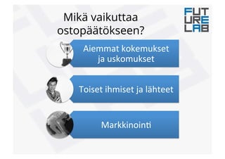 Mikä vaikuttaa
ostopäätökseen?
Aiemmat!kokemukset!
ja!uskomukset!
Toiset!ihmiset!ja!lähteet!
Markkinoin6!
 