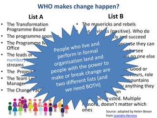 @HelenBevan #LeadingGM
WHO makes change happen?
List A
• The Transformation
Programme Board
• The programme sponsor
• The ...