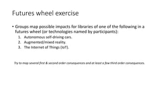 Futures wheel exercise
• Groups map possible impacts for libraries of one of the following in a
futures wheel (or technologies named by participants):
1. Autonomous self-driving cars.
2. Augmented/mixed reality.
3. The Internet of Things (IoT).
Try to map several first & second order consequences and at least a few third order consequences.
 