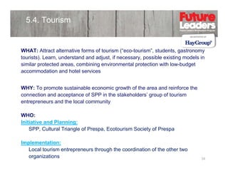 5.4. Tourism

WHAT: Attract alternative forms of tourism (“eco-tourism”, students, gastronomy
tourists). Learn, understand and adjust, if necessary, possible existing models in
similar protected areas, combining environmental protection with low-budget
accommodation and hotel services
WHY: To promote sustainable economic growth of the area and reinforce the
connection and acceptance of SPP in the stakeholders’ group of tourism
entrepreneurs and the local community
WHO:
Initiative and Planning:
SPP, Cultural Triangle of Prespa, Ecotourism Society of Prespa
Implementation:
Local tourism entrepreneurs through the coordination of the other two
organizations

34

 