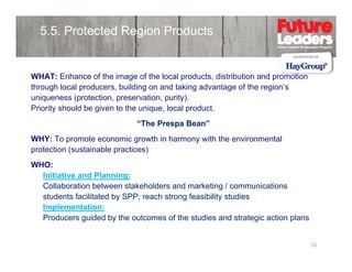 5.5. Protected Region Products

WHAT: Enhance of the image of the local products, distribution and promotion
through local producers, building on and t ki advantage of th region’s
th
hl
l
d
b ildi
d taking d
t
f the
i ’
uniqueness (protection, preservation, purity).
Priority should be given to the unique, local product.
“The Prespa Bean”
WHY: To promote economic growth in harmony with the environmental
p
protection (
(sustainable p
practices)
)
WHO:
Initiative and Planning:
Collaboration between stakeholders and marketing / communications
students facilitated by SPP; reach strong feasibility studies
Implementation:
Producers guided by the outcomes of the studies and strategic action p
g
y
g
plans

35

 