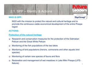 2.1. SPP – Identity & Actions
WHO IS SPP:
NGO with the mission to protect the natural and cultural heritage and to
p
g
promote the continuous viable economical development of the entire Prespa
region
ACTIONS:
Protection of the natural heritage
Research and conservation measures for the protection of the Dalmatian
p
Pelican and the Great White Pelican
Monitoring of the fish populations of the two lakes
Monitoring f bird
M it i of bi d populations (h
l ti
(herons, cormorants and other aquatic bi d
t
d th
ti bird
species)
Monitoring of certain rare species of fauna and flora
Restoration and management of wet meadows in Lake Mikri Prespa (LIFENature)

6

 
