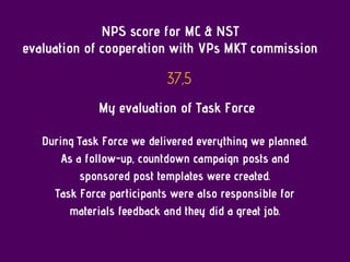 NPS score for MC & NST
evaluation of cooperation with VPs MKT commission
37,5
My evaluation of Task Force
During Task Force we delivered everything we planned.
As a follow-up, countdown campaign posts and
sponsored post templates were created.
Task Force participants were also responsible for
materials feedback and they did a great job.
 