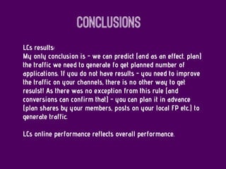 Conclusions
LCs results:
My only conclusion is - we can predict (and as an effect. plan)
the traffic we need to generate fo get planned number of
applications. If you do not have results - you need to improve
the traffic on your channels, there is no other way to get
resulst! As there was no exception from this rule (and
conversions can confirm that) - you can plan it in advance
(plan shares by your members, posts on your local FP etc.) to
generate traffic.
LCs online performance reflects overall performance.
 