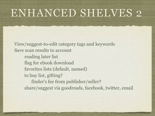 ENHANCED SHELVES 2

View/suggest-to-edit category tags and keywords
Save scan results to account
     reading later list
     flag for ebook download
     favorites lists (default, named)
     to buy list, gifting?
         finder's fee from publisher/seller?
     share/suggest via goodreads, facebook, twitter, email
 