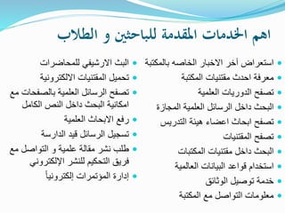 ‫الطالب‬ ‫و‬ ‫للباحثني‬ ‫املقدمة‬ ‫اخلدمات‬ ‫اهم‬
‫بالمكتب‬ ‫الخاصه‬ ‫االخبار‬ ‫آخر‬ ‫استعراض‬‫ة‬
‫المكتبة‬ ‫مقتنيات‬ ‫احدث‬ ‫معرفة‬
‫العلمية‬ ‫الدوريات‬ ‫تصفح‬
‫المجازة‬ ‫العلمية‬ ‫الرسائل‬ ‫داخل‬ ‫البحث‬
‫التدريس‬ ‫هيئة‬ ‫اعضاء‬ ‫ابحاث‬ ‫تصفح‬
‫المقتنيات‬ ‫تصفح‬
‫المكتبات‬ ‫مقتنيات‬ ‫داخل‬ ‫البحث‬
‫العالمية‬ ‫البيانات‬ ‫قواعد‬ ‫استخدام‬
‫الوثائق‬ ‫توصيل‬ ‫خدمة‬
‫المكتبة‬ ‫مع‬ ‫التواصل‬ ‫معلومات‬
‫للمحاضرات‬ ‫االرشيفي‬ ‫البث‬
‫االلكترونية‬ ‫المقتنيات‬ ‫تحميل‬
‫بالصفح‬ ‫العلمية‬ ‫الرسائل‬ ‫تصفح‬‫مع‬ ‫ات‬
‫الكامل‬ ‫النص‬ ‫داخل‬ ‫البحث‬ ‫امكانية‬
‫العلمية‬ ‫االبحاث‬ ‫رفع‬
‫الدارسة‬ ‫قيد‬ ‫الرسائل‬ ‫تسجيل‬
‫م‬ ‫التواصل‬ ‫و‬ ‫علمية‬ ‫مقالة‬ ‫نشر‬ ‫طلب‬‫ع‬
‫اإللكترون‬ ‫للنشر‬ ‫التحكيم‬ ‫فريق‬‫ي‬
ً‫ا‬‫إلكتروني‬ ‫المؤتمرات‬ ‫إدارة‬
 