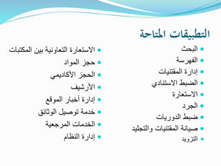 ‫املتاحة‬ ‫التطبيقات‬
‫البحث‬
‫الفهرسة‬
‫المقتنيات‬ ‫إدارة‬
‫االستنادي‬ ‫الضبط‬
‫االستعارة‬
‫الجرد‬
‫الدوريات‬ ‫ضبط‬
‫والتجليد‬ ‫المقتنيات‬ ‫صيانة‬
‫التزويد‬
‫ال‬ ‫بين‬ ‫التعاونية‬ ‫االستعارة‬‫مكتبات‬
‫المواد‬ ‫حجز‬
‫األكاديمي‬ ‫الحجز‬
‫األرشيف‬
‫الموقع‬ ‫أخبار‬ ‫إدارة‬
‫الوثائق‬ ‫توصيل‬ ‫خدمة‬
‫المرجعية‬ ‫الخدمات‬
‫النظام‬ ‫إدارة‬
 