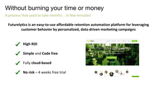Without burning your time or money
A process that used to take months…in few minutes!
High ROI
Simple and Code free
Fully cloud-based
No risk – 4 weeks free trial
Futurelytics is an easy-to-use affordable retention automation platform for leveraging
customer behavior by personalized, data-driven marketing campaigns
 