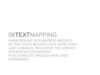 The following (9) sets creatively address a gamut of site design problems, from the need for quick and straightforward forms entry, to delivery of complex messages and data01FORMDRIVENDESIGNWHEN CALLS TO ACTION ARE THE POINT, DON’T SKIMP ON THE FORMS. CONTAIN OPTIONS IN A DASHBOARD-STYLE UI TO CREATE A CONSISTENT COMPREHENSION OF OPTIONS. MAKE THINGS BIG.