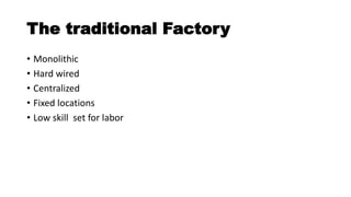 The traditional Factory
• Monolithic
• Hard wired
• Centralized
• Fixed locations
• Low skill set for labor
 