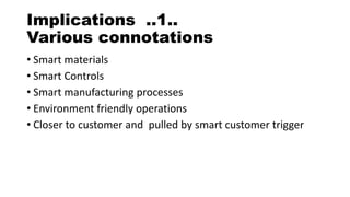 Implications ..1..
Various connotations
• Smart materials
• Smart Controls
• Smart manufacturing processes
• Environment friendly operations
• Closer to customer and pulled by smart customer trigger
 