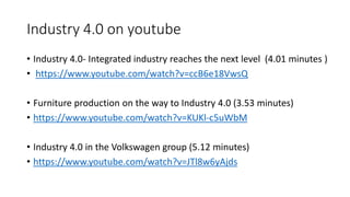 Industry 4.0 on youtube
• Industry 4.0- Integrated industry reaches the next level (4.01 minutes )
• https://www.youtube.com/watch?v=ccB6e18VwsQ
• Furniture production on the way to Industry 4.0 (3.53 minutes)
• https://www.youtube.com/watch?v=KUKl-c5uWbM
• Industry 4.0 in the Volkswagen group (5.12 minutes)
• https://www.youtube.com/watch?v=JTl8w6yAjds
 