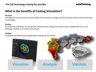 AnalyzeVisualize Validate
What is the benefits of Casting Simulation?
Visualise
The ability to visualise how the material flow, the temperature changes and the velocities will be influenced by your
mould design.
Analyse
To analyse for Cold Shuts, Air Entrapment, Mould Erosion, Filling Time, Solid Fraction, Solidification Time, and
Shrinkage Porosity in an virtual environment.
Validate
To validate and balance your design before making the first mould.
The CAE technology making this possible
 