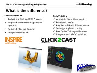 What is the difference?
Conventional CAE
 Exclusive to high-end FEA Products
 Required experienced engineers to
operate
 Required intensive training
 Integration with CAD
SolidThinking
 Accessible, Stand Alone solution
 Fraction of the Cost
 Requires only Basic skills to operate
 Training completed in ½ day
 Free Online Training and Manuals
 Integrates with all CAD solutions
The CAE technology making this possible
 