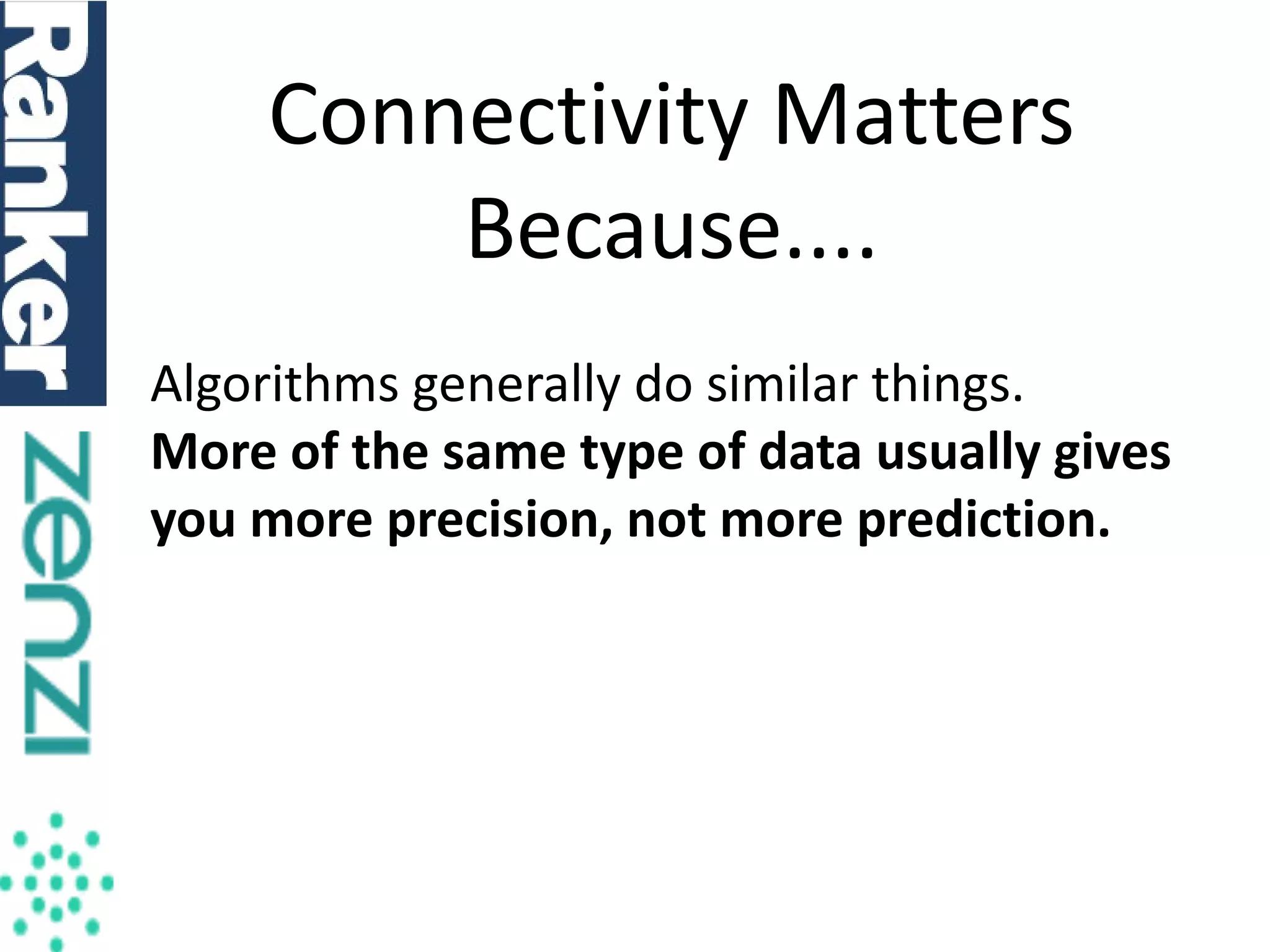 Connectivity Matters
Because....
Algorithms generally do similar things.
More of the same type of data usually gives
you more precision, not more prediction.

 