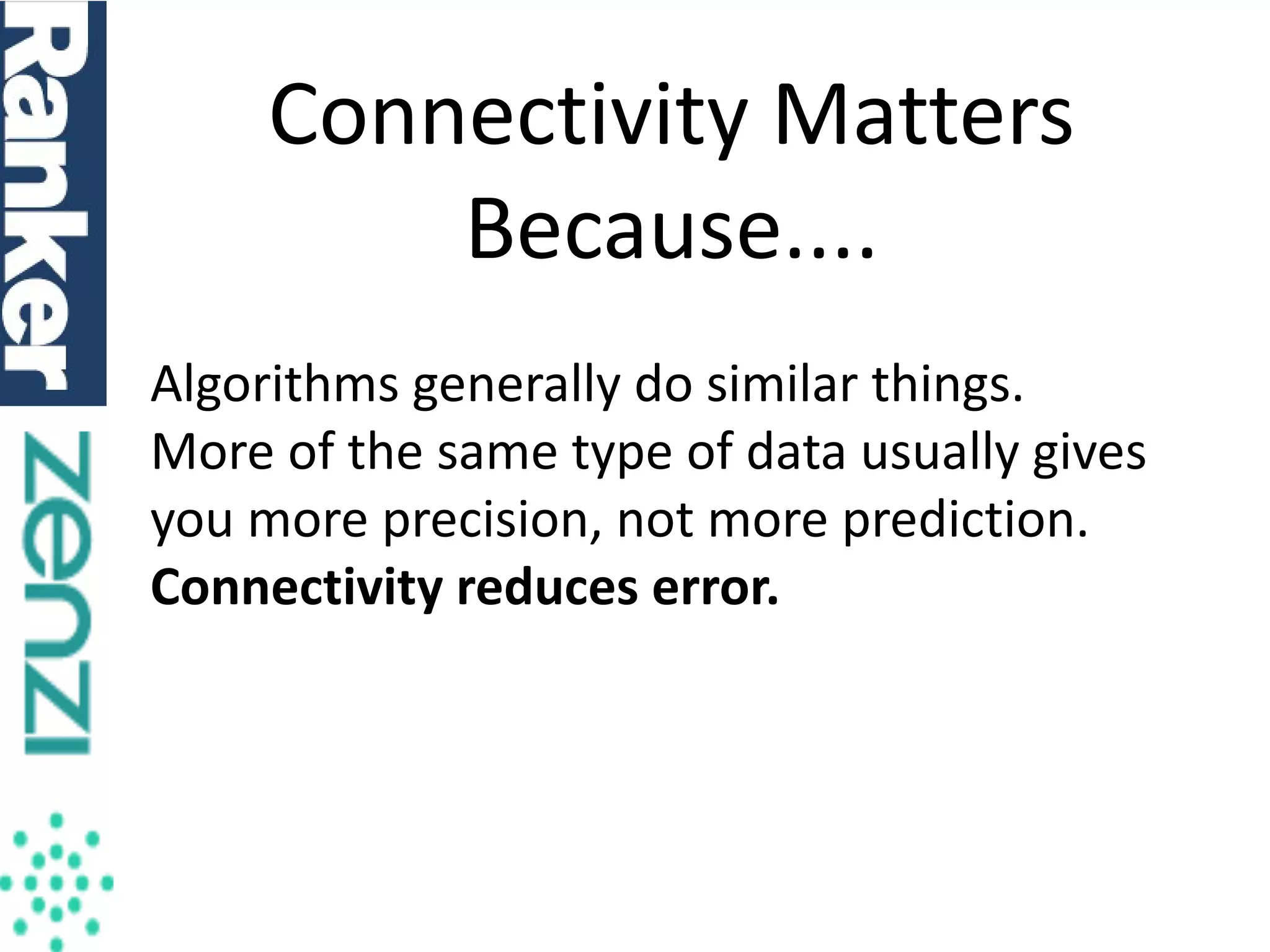 Connectivity Matters
Because....
Algorithms generally do similar things.
More of the same type of data usually gives
you more precision, not more prediction.
Connectivity reduces error.

 
