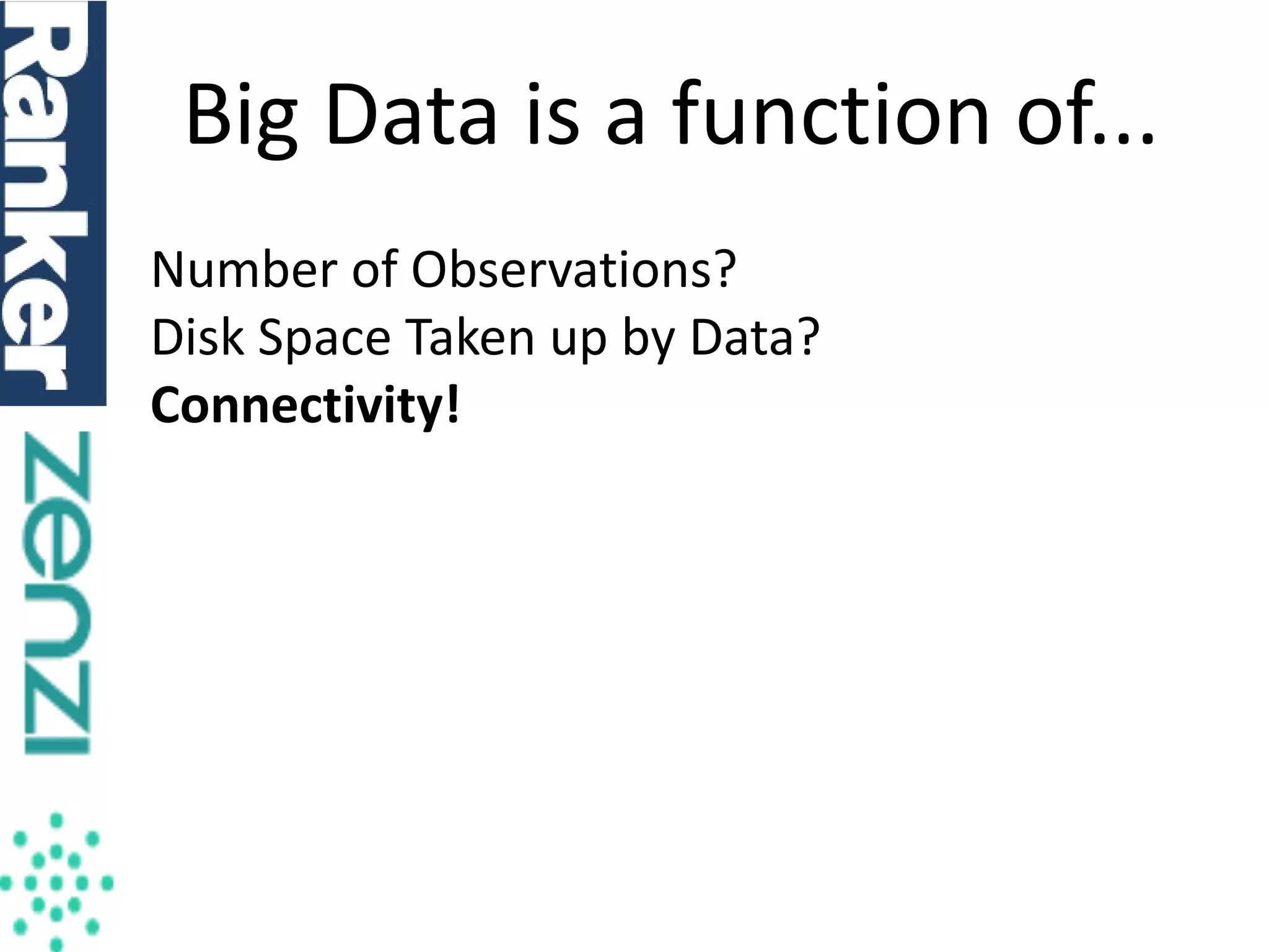 Big Data is a function of...
Number of Observations?
Disk Space Taken up by Data?
Connectivity!

 