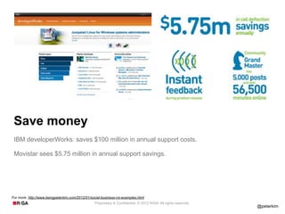 Save money
 IBM developerWorks: saves $100 million in annual support costs.

 Movistar sees $5.75 million in annual support savings.




For more: http://www.beingpeterkim.com/2012/01/social-business-roi-examples.html
                                                  Proprietary & Confidential. © 2012 R/GA All rights reserved.
                                                                                                                 @peterkim
 