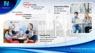 Opperation Office
Ul.	Ułańska	5
52-213	Wrocław
POLAND
FutureNet	Inc.	
Trust	Company	Complex
Ajeltake	Road	Majuro	
MARSHALL	ISLAND		
RELIABLE Company
Award which
obliges
Polish certificate :
 