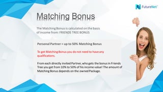 The	Matching	Bonus	is	calculated	on	the	basis	
of	income	from:	FRIENDS	TREE	BONUS
Dla	każdej	z	matryc	osobno:	10	/	25	/	50	/	100	/	
500	/	1.000
Matching BonusMatching Bonus
Personal	Partner	=	up	to	50%	Matching	Bonus
To	get	Matching	Bonus	you	do	not	need	to	have	any	
qualifications.
From	each	directly	invited	Partner,	who	gets	the	bonus	in	Friends	
Tree	you	get	from	10%	to	50%	of	his	income	value!	The	amount	of	
Matching	Bonus	depends	on	the	owned	Package.
 