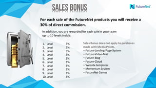 Sales BonusSales Bonus
For	each	sale	of	the	FutureNet products	you	will	receive	a	
30%	of	direct	commission.
In	addition,	you	are	rewarded	for	each	sale	in	your	team	
up	to	10	levels	inside:
1. Level 5%
2. Level 5%
3. Level 5%
4. Level 5%
5. Level 5%
6. Level 3%
7. Level 3%
8. Level 3%
9. Level 3%
10.Level 3%
Sales	Bonus	does	not	apply	to	purchases
made	with	Media	Points.
• Future-Landing-Page-System
• Future-Video-Mail
• Future-Blog
• Future-Cloud
• Website	templates
• Momentum	System	
• FutureNet	Games
 