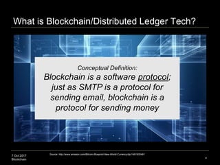 7 Oct 2017
Blockchain 4
Conceptual Definition:
Blockchain is a software protocol;
just as SMTP is a protocol for
sending e...