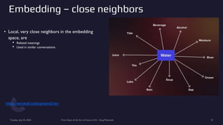 Embedding – close neighbors
• Local, very close neighbors in the embedding
space, are
• Related meanings
• Used in similar conversations
Tuesday, July 25, 2023 From State of the Art to Future of AI - Greg Makowski 10
https://serokell.io/blog/word2vec
 