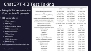 ChatGPT 4.0 Test Taking
• Taking the Bar exam went from
10 percentile to 90 percentile
• 100 percentile in:
• AP Art History
• AP Biology
• AP Environmental Science
• AP Macroeconomics
• AP Microeconomics
• AP Psychology
• AP Statistics
• AP US Government
• AP US History
• https://cdn.openai.com/papers/gpt-4.pdf
Tuesday, July 25, 2023 From State of the Art to Future of AI - Greg Makowski 28
 