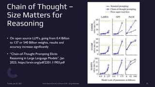 Chain of Thought –
Size Matters for
Reasoning
• On open source LLM’s, going from 0.4 Billion
to 137 or 540 Billion weights, results and
accuracy increase significantly
• “Chain-of-Thought Prompting Elicits
Reasoning in Large Language Models”, Jan
2023, https://arxiv.org/pdf/2201.11903.pdf
Tuesday, July 25, 2023 From State of the Art to Future of AI - Greg Makowski 30
 