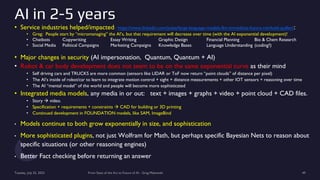 AI in 2-5 years
• Service industries helped/impacted: https://www.linkedin.com/pulse/large-language-models-llm-immediate-future-reinhold-quillen/:
• Greg: People start by “micromanaging” the AI’s, but that requirement will decrease over time (with the AI exponential development)!
• Chatbots Copywriting Essay Writing Graphic Design Financial Planning Bio & Chem Research
• Social Media Political Campaigns Marketing Campaigns Knowledge Bases Language Understanding (coding?)
• Major changes in security (AI impersonation, Quantum, Quantum + AI)
• Robot & car body development does not seem to be on the same exponential curve as their mind
• Self driving cars and TRUCKS are more common (sensors like LIDAR or ToF now return “point clouds” of distance per pixel)
• The AI’s inside of robot/car to learn to integrate motion control + sight + distance measurements + other IOT sensors + reasoning over time
• The AI “mental model” of the world and people will become more sophisticated
• Integrated media models, any media in or out: text + images + graphs + video + point cloud + CAD files.
• Story  video.
• Specification + requirements + constraints  CAD for building or 3D printing
• Continued development in FOUNDATION models, like SAM, ImageBind
• Models continue to both grow exponentially in size, and sophistication
• More sophisticated plugins, not just Wolfram for Math, but perhaps specific Bayesian Nets to reason about
specific situations (or other reasoning engines)
• Better Fact checking before returning an answer
Tuesday, July 25, 2023 From State of the Art to Future of AI - Greg Makowski 49
 