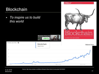 8 Jan 2018
Blockchain
Blockchain
23
Source: http://www.amazon.com/Bitcoin-Blueprint-New-World-Currency/dp/1491920491
 To inspire us to build
this world
 