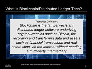 8 Jan 2018
Blockchain 25
Technical Definition:
Blockchain is the tamper-resistant
distributed ledger software underlying
cryptocurrencies such as Bitcoin, for
recording and transferring data and assets
such as financial transactions and real
estate titles, via the Internet without needing
a third-party intermediary
Source: http://www.amazon.com/Bitcoin-Blueprint-New-World-Currency/dp/1491920491
What is Blockchain/Distributed Ledger Tech?
 