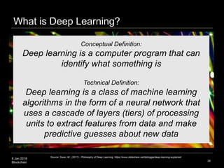 8 Jan 2018
Blockchain 38
Conceptual Definition:
Deep learning is a computer program that can
identify what something is
Technical Definition:
Deep learning is a class of machine learning
algorithms in the form of a neural network that
uses a cascade of layers (tiers) of processing
units to extract features from data and make
predictive guesses about new data
Source: Swan, M., (2017)., Philosophy of Deep Learning, https://www.slideshare.net/lablogga/deep-learning-explained
What is Deep Learning?
 