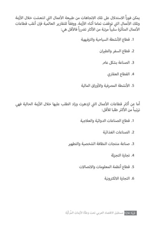 ‫زمة‬‫أ‬‫ال‬ ‫خالل‬ ‫انتعشت‬ ‫ي‬
‫ت‬�‫ال‬ ‫عمال‬‫أ‬‫ال‬ ‫طبيعة‬ ‫من‬ ‫االتجاهات‬ ‫تلك‬ ‫عىل‬ ‫االستدالل‬ ً‫ا‬‫ر‬‫فو‬ ‫يمكن‬
‫قطاعات‬ ‫أغلب‬ ‫فإن‬ ‫العالمية‬ ‫للتقارير‬ ً‫ا‬‫ووفق‬ .‫زمة‬‫أ‬‫ال‬ ‫أثناء‬ ‫تماما‬ ‫توقفت‬ ‫ي‬
‫ت‬�‫ال‬ ‫عمال‬‫أ‬‫ال‬ ‫وتلك‬
:‫هي‬ ‫قل‬‫أ‬‫فال‬ ً‫ا‬‫ر‬‫ت�ض‬ ‫ث‬�‫ك‬‫أ‬‫ال‬ ‫من‬ ‫تبة‬‫ر‬‫م‬ ً‫ا‬‫سلبي‬ ‫المتأثرة‬ ‫عمال‬‫أ‬‫ال‬
‫فيهية‬ ‫ت‬�‫وال‬ ‫السياحية‬ ‫نشطة‬‫أ‬‫ال‬ ‫قطاع‬
‫ان‬ ‫ي‬�‫والط‬ ‫السفر‬ ‫قطاع‬
‫عام‬ ‫بشكل‬ ‫الصناعة‬
‫العقاري‬ ‫القطاع‬
‫المالية‬ ‫اق‬‫ر‬‫و‬‫أ‬‫وال‬ ‫المرصفية‬ ‫نشطة‬‫أ‬‫ال‬
.1
.2
.3
.4
.5
‫فهي‬ ‫الحالية‬ ‫زمة‬‫أ‬‫ال‬ ‫خالل‬ ‫عليها‬ ‫الطلب‬ ‫اد‬‫ز‬‫و‬ ‫ازدهرت‬ ‫ي‬
‫ت‬�‫ال‬ ‫عمال‬‫أ‬‫ال‬ ‫قطاعات‬ ‫ث‬�‫أك‬ ‫عن‬ ‫أما‬
:‫قل‬‫أ‬‫لل‬ ‫طلبا‬ ‫ث‬�‫ك‬‫أ‬‫ال‬ ‫من‬ ً‫ا‬‫تيب‬‫ر‬‫ت‬
‫والعالجية‬ ‫الدوائية‬ ‫الصناعات‬ ‫قطاع‬
‫الغذائية‬ ‫الصناعات‬
‫ي‬�‫والتطه‬ ‫الشخصية‬ ‫النظافة‬ ‫منتجات‬ ‫صناعة‬
‫ئة‬‫ز‬‫التج‬ ‫تجارة‬
‫واالتصاالت‬ ‫المعلومات‬ ‫أنظمة‬ ‫قطاع‬
‫ونية‬ ‫ت‬�‫االلك‬ ‫التجارة‬
.1
.2
.3
.4
.5
.6
124‫ّﺑﺔ‬‫ﻛ‬‫ُﺭ‬‫ﻤ‬‫ﺍﻟ‬ ‫ﺍﻷﺯﻣﺎﺕ‬ ‫ﻭﻃﺄﺓ‬ ‫ﺗﺤﺖ‬ ‫ﺍﻟﻌﺮﺑﻲ‬ ‫ﺍﻻﻗﺘﺼﺎﺩ‬ ‫ﻣﺴﺘﻘﺒﻞ‬
 