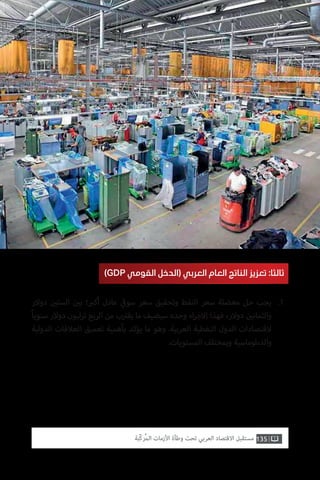 135‫ّﺑﺔ‬‫ﻛ‬‫ُﺭ‬‫ﻤ‬‫ﺍﻟ‬ ‫ﺍﻷﺯﻣﺎﺕ‬ ‫ﻭﻃﺄﺓ‬ ‫ﺗﺤﺖ‬ ‫ﺍﻟﻌﺮﺑﻲ‬ ‫ﺍﻻﻗﺘﺼﺎﺩ‬ ‫ﻣﺴﺘﻘﺒﻞ‬
)GDP ‫القومي‬ ‫(الدخل‬ ‫العربي‬ ‫العام‬ ‫الناتج‬ ‫تعزيز‬ :‫ثالثا‬
‫دوالر‬ ‫ن‬ ‫ي‬�‫الست‬ ‫ن‬ ‫ي‬�‫ب‬ ‫؛‬ ‫ب‬�‫أك‬ ‫عادل‬ ‫ي‬
‫ق‬�‫سو‬ ‫سعر‬ ‫وتحقيق‬ ‫النفط‬ ‫سعر‬ ‫معضلة‬ ‫حل‬ ‫يجب‬
ً‫ا‬‫سنوي‬ ‫دوالر‬ ‫ترليون‬ ‫الربع‬ ‫من‬ ‫ب‬ ‫ت‬�‫يق‬ ‫ما‬ ‫سيضيف‬ ‫وحده‬ ‫اء‬‫ر‬‫االج‬ ‫فهذا‬ ،‫دوالر‬ ‫ن‬ ‫ي‬�‫والثمان‬
‫الدولية‬ ‫العالقات‬ ‫تعميق‬ ‫بأهمية‬ ‫يؤكد‬ ‫ما‬ ‫وهو‬ .‫العربية‬ ‫النفطية‬ ‫الدول‬ ‫القتصادات‬
.‫المستويات‬ ‫وبمختلف‬ ‫والدبلوماسية‬
.1
 