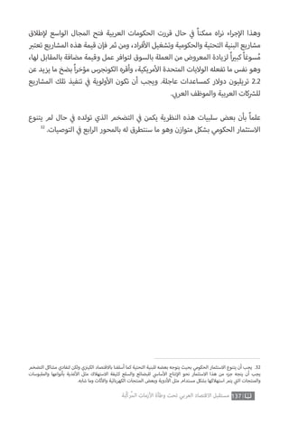 ‫التضخم‬ ‫مشاكل‬ ‫لتفادي‬ ‫ولكن‬ ‫ي‬‫ز‬ ‫ن‬�‫الكي‬ ‫باالقتصاد‬ ‫أسلفنا‬ ‫كما‬ ‫التحتية‬ ‫للبنية‬ ‫بعضه‬ ‫يتوجه‬ ‫بحيث‬ ‫الحكومي‬ ‫االستثمار‬ ‫يتنوع‬ ‫أن‬ ‫يجب‬ .32
‫والملبوسات‬ ‫بأنواعها‬ ‫غذية‬‫أ‬‫ال‬ ‫مثل‬ ‫االستهالك‬ ‫كثيفة‬ ‫والسلع‬ ‫للبضائع‬ ‫ي‬‫ساس‬‫أ‬‫ال‬ ‫نتاج‬‫إ‬‫ال‬ ‫نحو‬ ‫االستثمار‬ ‫هذا‬ ‫من‬ ‫جزء‬ ‫يتجه‬ ‫أن‬ ‫يجب‬
.‫شابه‬ ‫وما‬ ‫ثاث‬‫أ‬‫وال‬ ‫الكهربائية‬ ‫المنتجات‬ ‫وبعض‬ ‫دوية‬‫أ‬‫ال‬ ‫مثل‬ ‫مستدام‬ ‫بشكل‬ ‫استهالكها‬ ‫يتم‬ ‫ي‬
‫ت‬�‫ال‬ ‫والمنتجات‬
137‫ّﺑﺔ‬‫ﻛ‬‫ُﺭ‬‫ﻤ‬‫ﺍﻟ‬ ‫ﺍﻷﺯﻣﺎﺕ‬ ‫ﻭﻃﺄﺓ‬ ‫ﺗﺤﺖ‬ ‫ﺍﻟﻌﺮﺑﻲ‬ ‫ﺍﻻﻗﺘﺼﺎﺩ‬ ‫ﻣﺴﺘﻘﺒﻞ‬
‫طالق‬‫إ‬‫ل‬ ‫الواسع‬ ‫المجال‬ ‫فتح‬ ‫العربية‬ ‫الحكومات‬ ‫قررت‬ ‫حال‬ ‫ي‬
‫ف‬� ً‫ا‬‫ممكن‬ ‫اه‬‫ر‬‫ن‬ ‫اء‬‫ر‬‫ج‬‫إ‬‫ال‬ ‫وهذا‬
‫ب‬�‫تعت‬ ‫المشاريع‬ ‫هذه‬ ‫قيمة‬ ‫فإن‬ ‫ثم‬ ‫ومن‬ ،‫اد‬‫ر‬‫ف‬‫أ‬‫ال‬ ‫وتشغيل‬ ‫والحكومية‬ ‫التحتية‬ ‫البنية‬ ‫مشاريع‬
،‫لها‬ ‫بالمقابل‬ ‫مضافة‬ ‫وقيمة‬ ‫عمل‬ ‫لتوافر‬ ‫بالسوق‬ ‫العملة‬ ‫من‬ ‫المعروض‬ ‫لزيادة‬ ً‫ا‬ ‫ي‬�‫كب‬ ً‫ا‬‫سوغ‬ُ‫م‬
‫عن‬ ‫يزيد‬ ‫ما‬ ‫بضخ‬ ً‫ا‬‫ر‬‫مؤخ‬ ‫الكونجرس‬ ‫وأقره‬ ،‫مريكية‬‫أ‬‫ال‬ ‫المتحدة‬ ‫الواليات‬ ‫تفعله‬ ‫ما‬ ‫نفس‬ ‫وهو‬
‫المشاريع‬ ‫تلك‬ ‫تنفيذ‬ ‫ي‬
‫ف‬� ‫ولوية‬‫أ‬‫ال‬ ‫تكون‬ ‫أن‬ ‫ويجب‬ .‫عاجلة‬ ‫كمساعدات‬ ‫دوالر‬ ‫تريليون‬ 2.2
. ‫ي‬ ‫ب‬�‫العر‬ ‫والموظف‬ ‫العربية‬ ‫كات‬ ‫ش‬�‫لل‬
‫يتنوع‬ ‫لم‬ ‫حال‬ ‫ي‬
‫ف‬� ‫تولده‬ ‫الذي‬ ‫التضخم‬ ‫ي‬
‫ف‬� ‫يكمن‬ ‫النظرية‬ ‫هذه‬ ‫سلبيات‬ ‫بعض‬ ‫بأن‬ ً‫ا‬‫علم‬
32
.‫التوصيات‬ ‫ي‬
‫ف‬� ‫ابع‬‫ر‬‫ال‬ ‫بالمحور‬ ‫له‬ ‫سنتطرق‬ ‫ما‬ ‫وهو‬ ‫متوازن‬ ‫بشكل‬ ‫الحكومي‬ ‫االستثمار‬
 