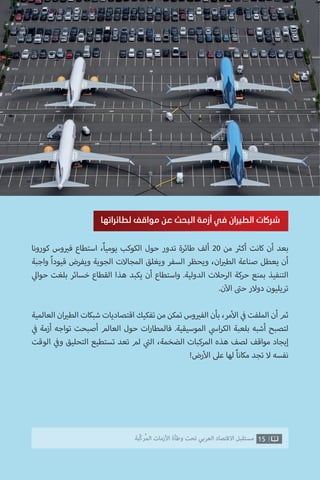 15‫ّﺑﺔ‬‫ﻛ‬‫ُﺭ‬‫ﻤ‬‫ﺍﻟ‬ ‫ﺍﻷﺯﻣﺎﺕ‬ ‫ﻭﻃﺄﺓ‬ ‫ﺗﺤﺖ‬ ‫ﺍﻟﻌﺮﺑﻲ‬ ‫ﺍﻻﻗﺘﺼﺎﺩ‬ ‫ﻣﺴﺘﻘﺒﻞ‬
‫كورونا‬ ‫وس‬ ‫ي‬�‫ف‬ ‫استطاع‬ ،ً‫ا‬‫يومي‬ ‫الكوكب‬ ‫حول‬ ‫تدور‬ ‫طائرة‬ ‫ألف‬ 20 ‫من‬ ‫ث‬�‫أك‬ ‫كانت‬ ‫أن‬ ‫بعد‬
‫واجبة‬ ً‫ا‬‫قيود‬ ‫ويفرض‬ ‫الجوية‬ ‫المجاالت‬ ‫ويغلق‬ ‫السفر‬ ‫ويحظر‬ ،‫ان‬ ‫ي‬�‫الط‬ ‫صناعة‬ ‫يعطل‬ ‫أن‬
‫ي‬‫حوال‬ ‫بلغت‬ ‫خسائر‬ ‫القطاع‬ ‫هذا‬ ‫يكبد‬ ‫أن‬ ‫واستطاع‬ .‫الدولية‬ ‫الرحالت‬ ‫حركة‬ ‫بمنع‬ ‫التنفيذ‬
.‫ن‬‫آ‬‫ال‬ ‫ت‬�‫ح‬ ‫دوالر‬ ‫تريليون‬
‫العالمية‬ ‫ان‬ ‫ي‬�‫الط‬ ‫شبكات‬ ‫اقتصاديات‬ ‫تفكيك‬ ‫من‬ ‫تمكن‬ ‫وس‬ ‫ي‬�‫الف‬ ‫بأن‬ ،‫مر‬‫أ‬‫ال‬ ‫ي‬
‫ف‬� ‫الملفت‬ ‫أن‬ ‫ثم‬
‫ي‬
‫ف‬� ‫أزمة‬ ‫تواجه‬ ‫أصبحت‬ ‫العالم‬ ‫حول‬ ‫ات‬‫ر‬‫فالمطا‬ .‫الموسيقية‬ ‫ي‬‫اس‬‫ر‬‫الك‬ ‫بلعبة‬ ‫أشبه‬ ‫لتصبح‬
‫الوقت‬ ‫ي‬
‫ف‬�‫و‬ ‫التحليق‬ ‫تستطيع‬ ‫تعد‬ ‫لم‬ ‫ي‬
‫ت‬�‫ال‬ ،‫الضخمة‬ ‫المركبات‬ ‫هذه‬ ‫لصف‬ ‫مواقف‬ ‫إيجاد‬
!‫رض‬‫أ‬‫ال‬ ‫عىل‬ ‫لها‬ ً‫ا‬‫مكان‬ ‫تجد‬ ‫ال‬ ‫نفسه‬
‫لطائراتها‬ ‫مواقف‬ ‫عن‬ ‫البحث‬ ‫أزمة‬ ‫في‬ ‫الطيران‬ ‫شراكت‬
 