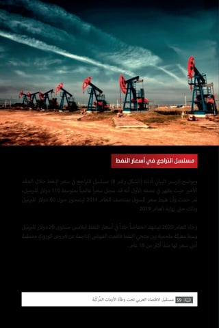 59‫ّﺑﺔ‬‫ﻛ‬‫ُﺭ‬‫ﻤ‬‫ﺍﻟ‬ ‫ﺍﻷﺯﻣﺎﺕ‬ ‫ﻭﻃﺄﺓ‬ ‫ﺗﺤﺖ‬ ‫ﺍﻟﻌﺮﺑﻲ‬ ‫ﺍﻻﻗﺘﺼﺎﺩ‬ ‫ﻣﺴﺘﻘﺒﻞ‬
‫العقد‬ ‫خالل‬ ‫النفط‬ ‫سعر‬ ‫ي‬
‫ف‬� ‫اجع‬ ‫ت‬�‫ال‬ ‫مسلسل‬ )8 ‫رقم‬ ‫(الشكل‬ ‫أدناه‬ ‫ي‬
‫ن‬�‫البيا‬ ‫الرسم‬ ‫ويوضح‬
،‫ميل‬ ‫ب‬�‫لل‬ ‫دوالر‬ 110 ‫بمتوسط‬ ً‫ا‬‫عالمي‬ ً‫ا‬‫ر‬‫سع‬ ‫سجل‬ ‫قد‬ ‫أنه‬ ‫ول‬‫أ‬‫ال‬ ‫نصفه‬ ‫ي‬
‫ف‬� ‫يظهر‬ ‫حيث‬ ‫ي‬�‫خ‬‫أ‬‫ال‬
‫ميل‬ ‫ب‬�‫لل‬ ‫دوالر‬ 60 ‫حول‬ ‫ليتمحور‬ 2014 ‫العام‬ ‫بمنتصف‬ ‫السوق‬ ‫سعر‬ ‫هبط‬ ‫وأن‬ ‫حدث‬ ‫ثم‬
.2019 ‫العام‬ ‫نهاية‬ ‫ت‬�‫ح‬ ‫وذلك‬
‫ميل‬ ‫ب‬�‫لل‬ ‫دوالر‬ 20 ‫مستوى‬ ‫ليالمس‬ ‫النفط‬ ‫أسعار‬ ‫ي‬
‫ف‬� ً‫ا‬‫حاد‬ ً‫ا‬‫انخفاض‬ ‫ليشهد‬ 2020 ‫العام‬ ‫وجاء‬
‫محطمة‬،‫كورونا‬‫وس‬ ‫ي‬�‫ف‬‫عن‬‫الناجمة‬ ‫ض‬�‫الفو‬‫فاقمت‬‫النفط‬‫منتجي‬ ‫ن‬ ‫ي‬�‫ب‬‫ملحمية‬‫معركة‬‫وسط‬
.‫عام‬ 18 ‫من‬ ‫ث‬�‫أك‬ ‫منذ‬ ‫لها‬ ‫سعر‬ ‫ن‬�‫أد‬
‫النفط‬ ‫أسعار‬ ‫في‬ ‫التراجع‬ ‫مسلسل‬
 