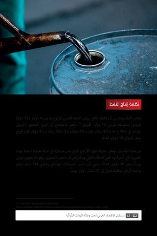 15. Cost of oil production in the world.
https://kosatka.media/en/category/neft/analytics/sebestoimost-dobychi-nefti-v-mire
62‫ّﺑﺔ‬‫ﻛ‬‫ُﺭ‬‫ﻤ‬‫ﺍﻟ‬ ‫ﺍﻷﺯﻣﺎﺕ‬ ‫ﻭﻃﺄﺓ‬ ‫ﺗﺤﺖ‬ ‫ﺍﻟﻌﺮﺑﻲ‬ ‫ﺍﻻﻗﺘﺼﺎﺩ‬ ‫ﻣﺴﺘﻘﺒﻞ‬
‫دوالر‬ 12‫و‬ ‫دوالر‬ 8 ‫ن‬ ‫ي‬�‫ب‬ ‫ما‬ ‫اوح‬ ‫ت‬�‫ت‬ ‫ي‬ ‫ب‬�‫العر‬ ‫النفط‬ ‫برميل‬ ‫انتاج‬ ‫تكلفة‬ ‫أن‬ ‫إىل‬ ‫ات‬‫ر‬‫التقدي‬ ‫ي‬�‫وتش‬
‫ميل‬ ‫ب‬�‫بال‬ ‫المحقق‬ ‫الربح‬ ‫أن‬ ‫يوضح‬ ‫ما‬ ‫وهو‬ ،15
‫ميل‬ ‫ب‬�‫لل‬ ‫دوالر‬ 10 ‫ي‬ ‫ب‬�‫تقري‬ ‫بمتوسط‬ ‫ميل‬ ‫ب‬�‫لل‬
‫الربح‬ ‫فإن‬ ‫دوالر‬ 20 ‫بـ‬ ‫بيعه‬ ‫حالة‬ ‫ي‬
‫ف‬�‫و‬ ،‫دوالر‬ 50 ‫يقارب‬ ‫دوالر‬ 60 ‫بـ‬ ‫بيعه‬ ‫حالة‬ ‫ي‬
‫ف‬� ‫الواحد‬
.‫فقط‬ ‫دوالر‬ 10 ‫ي‬‫لحوال‬ ‫يصل‬
‫بهذه‬ ‫النفط‬ ‫هبوط‬ ‫حالة‬ ‫ي‬
‫ف‬� ‫ته‬‫ر‬‫خسا‬ ‫يتم‬ ‫الذي‬ ‫رباح‬‫أ‬‫ال‬ ‫فرق‬ ‫معرفة‬ ‫يمكن‬ ،‫التقديم‬ ‫هذا‬ ‫من‬
‫برميل‬ ‫مليون‬ 20 ‫يبلغ‬ ‫التصدير‬ ‫حجم‬ ‫أن‬ ‫اض‬ ‫ت‬�‫وباف‬ ‫ي‬‫ول‬‫أ‬‫ال‬ ‫الحالة‬ ‫ففي‬ .‫لها‬ ‫نا‬ ‫ش‬�‫أ‬ ‫ي‬
‫ت‬�‫ال‬ ‫الصورة‬
‫دوالر‬ ‫مليار‬ 144 ‫يساوي‬ ‫ي‬‫جمال‬‫إ‬‫ال‬ ‫المبيعات‬ ‫حجم‬ ‫بأن‬ ‫ي‬
‫ن‬�‫يع‬ ‫فذلك‬ ،‫دوالر‬ 20 ‫بسعر‬ ً‫ا‬‫يومي‬
.ً‫ا‬‫يومي‬ ‫دوالر‬ ‫مليار‬ 72 ‫إىل‬ ‫تصل‬ ‫صافية‬ ‫أرباح‬ ‫وبقيمة‬
‫النفط‬ ‫إنتاج‬ ‫تلكفة‬
 