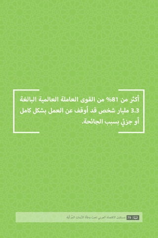 ‫البالغة‬ ‫العالمية‬ ‫العاملة‬ ‫القوى‬ ‫من‬ %81 ‫من‬ ‫ث‬�‫أك‬
‫كامل‬ ‫بشكل‬ ‫العمل‬ ‫عن‬ ‫أوقف‬ ‫قد‬ ‫شخص‬ ‫مليار‬ 3.3
.‫الجائحة‬ ‫بسبب‬ ‫ي‬
‫ئ‬�‫جز‬ ‫أو‬
79‫ّﺑﺔ‬‫ﻛ‬‫ُﺭ‬‫ﻤ‬‫ﺍﻟ‬ ‫ﺍﻷﺯﻣﺎﺕ‬ ‫ﻭﻃﺄﺓ‬ ‫ﺗﺤﺖ‬ ‫ﺍﻟﻌﺮﺑﻲ‬ ‫ﺍﻻﻗﺘﺼﺎﺩ‬ ‫ﻣﺴﺘﻘﺒﻞ‬
 