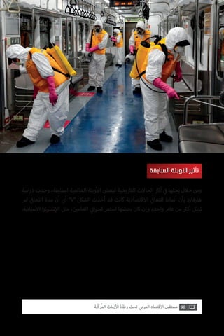 98‫ّﺑﺔ‬‫ﻛ‬‫ُﺭ‬‫ﻤ‬‫ﺍﻟ‬ ‫ﺍﻷﺯﻣﺎﺕ‬ ‫ﻭﻃﺄﺓ‬ ‫ﺗﺤﺖ‬ ‫ﺍﻟﻌﺮﺑﻲ‬ ‫ﺍﻻﻗﺘﺼﺎﺩ‬ ‫ﻣﺴﺘﻘﺒﻞ‬
‫اسة‬‫ر‬‫د‬ ‫وجدت‬ ،‫السابقة‬ ‫العالمية‬ ‫وبئة‬‫أ‬‫ال‬ ‫لبعض‬ ‫التاريخية‬ ‫الحاالت‬ ‫آثار‬ ‫ي‬
‫ف‬� ‫بحثها‬ ‫خالل‬ ‫ومن‬
‫لم‬ ‫ي‬
‫ف‬�‫التعا‬ ‫مدة‬ ‫أن‬ ‫أي‬ ”V“ ‫الشكل‬ ‫أخذت‬ ‫قد‬ ‫كانت‬ ‫االقتصادية‬ ‫ي‬
‫ف‬�‫التعا‬ ‫أنماط‬ ‫بأن‬ ‫هارفارد‬
.‫سبانية‬‫أ‬‫ال‬ ‫ا‬‫ز‬‫نفلون‬‫إ‬‫ال‬ ‫مثل‬ ، ‫ن‬ ‫ي‬�‫العام‬ ‫ي‬‫لحوال‬ ‫استمر‬ ‫بعضها‬ ‫كان‬ ‫وإن‬ ،‫واحد‬ ‫عام‬ ‫من‬ ‫ث‬�‫أك‬ ‫تطل‬
‫السابقة‬ ‫األوبئة‬ ‫تأثير‬
 