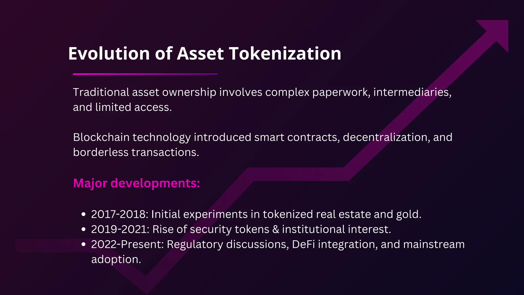 Traditional asset ownership involves complex paperwork, intermediaries,
and limited access.
Blockchain technology introduced smart contracts, decentralization, and
borderless transactions.
Major developments:
2017-2018: Initial experiments in tokenized real estate and gold.
2019-2021: Rise of security tokens & institutional interest.
2022-Present: Regulatory discussions, DeFi integration, and mainstream
adoption.
Evolution of Asset Tokenization
 