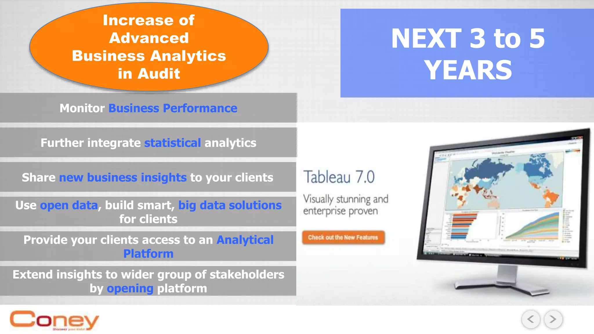 NEXT 3 to 5
YEARS
Use open data, build smart, big data solutions
for clients
Share new business insights to your clients
Extend insights to wider group of stakeholders
by opening platform
Provide your clients access to an Analytical
Platform
Monitor Business Performance
Increase of
Advanced
Business Analytics
in Audit
Further integrate statistical analytics
 