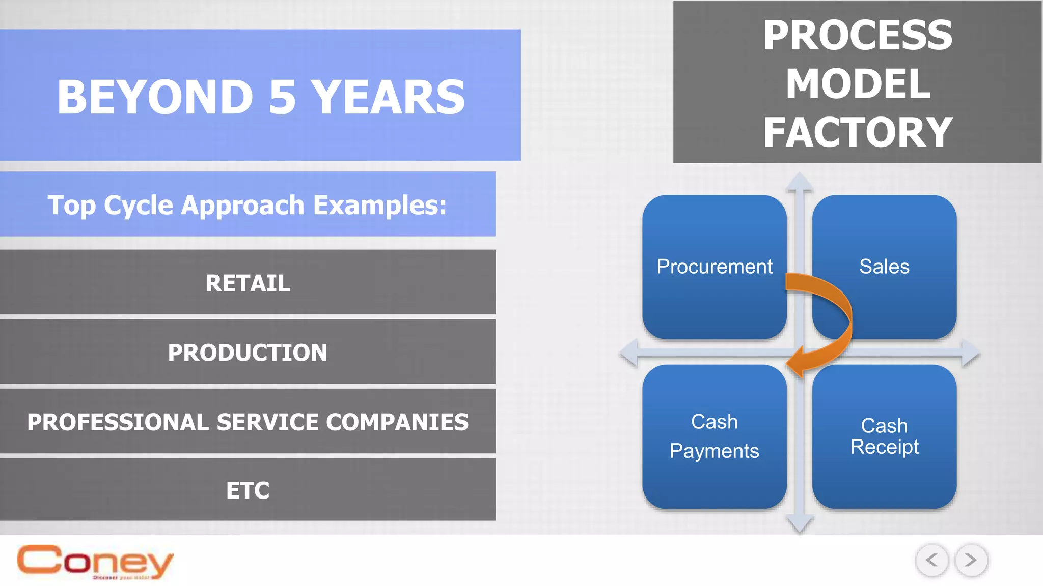 BEYOND 5 YEARS
PROCESS
MODEL
FACTORY
RETAIL
PRODUCTION
PROFESSIONAL SERVICE COMPANIES
ETC
Procurement Sales
Cash
Payments
Cash
Receipt
Top Cycle Approach Examples:
 