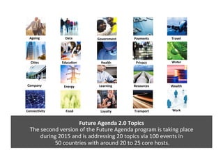 Future	
  Agenda	
  2.0	
  Topics	
  
The	
  second	
  version	
  of	
  the	
  Future	
  Agenda	
  program	
  is	
  taking	
  place	
  	
  
during	
  2015	
  and	
  is	
  addressing	
  20	
  topics	
  via	
  100	
  events	
  in	
  
	
  50	
  countries	
  with	
  around	
  20	
  to	
  25	
  core	
  hosts.	
  
Ageing	
  
CiMes	
  
Company	
  
ConnecMvity	
  
Data	
  
EducaMon	
  
Energy	
  
Food	
  
Government	
  
Health	
  
Learning	
  
Loyalty	
  
Payments	
  
Privacy	
  
Resources	
  
Transport	
  
Travel	
  
Water	
  
Wealth	
  
Work	
  
 